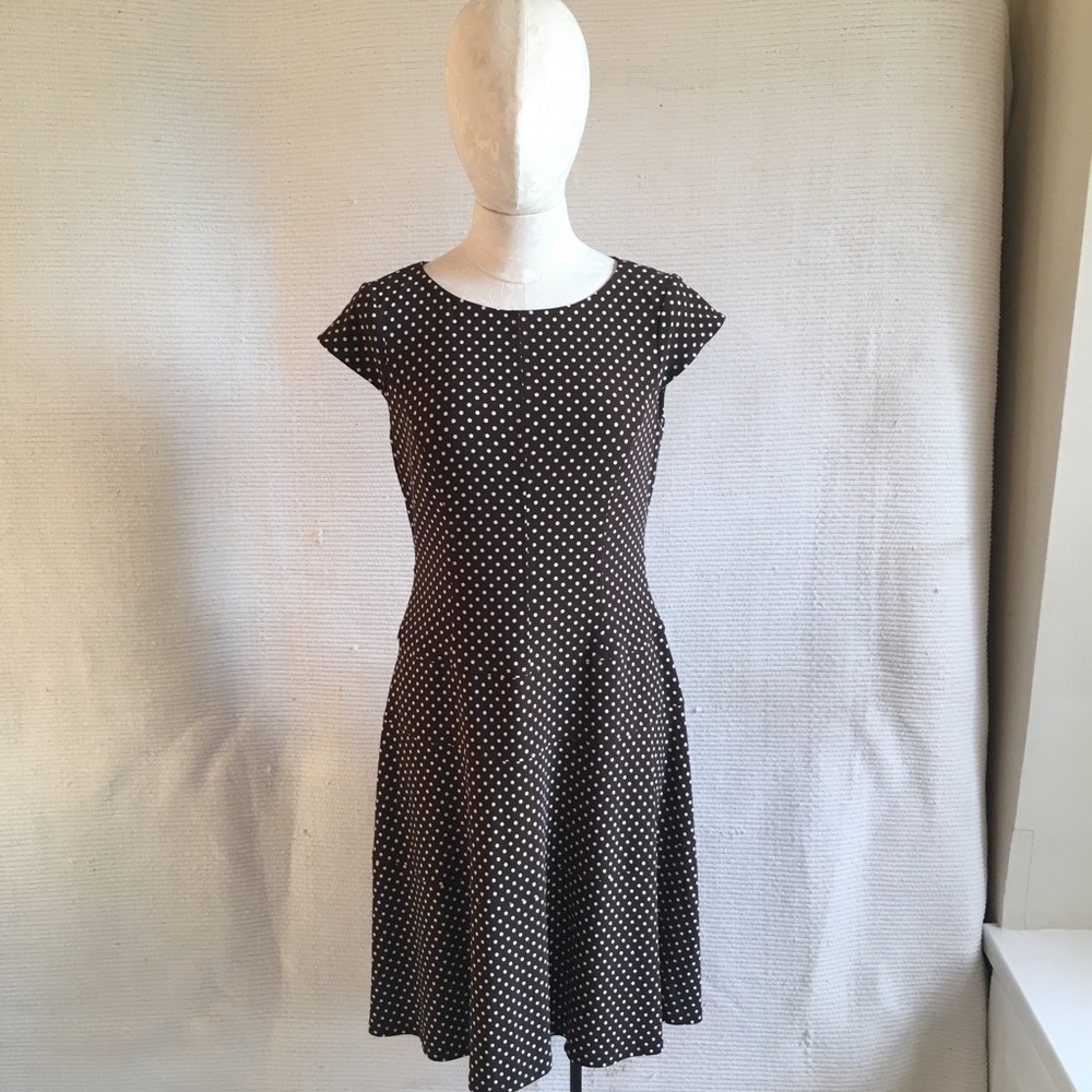 Vintage M Anne Klein Dress Polka Dots Mini Midi Daytime Brown - Picture 2 of 8